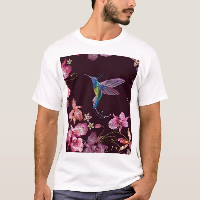 Hummingbird och orkeid, tropiska, sömlösa mode. t shirt (Framsida)