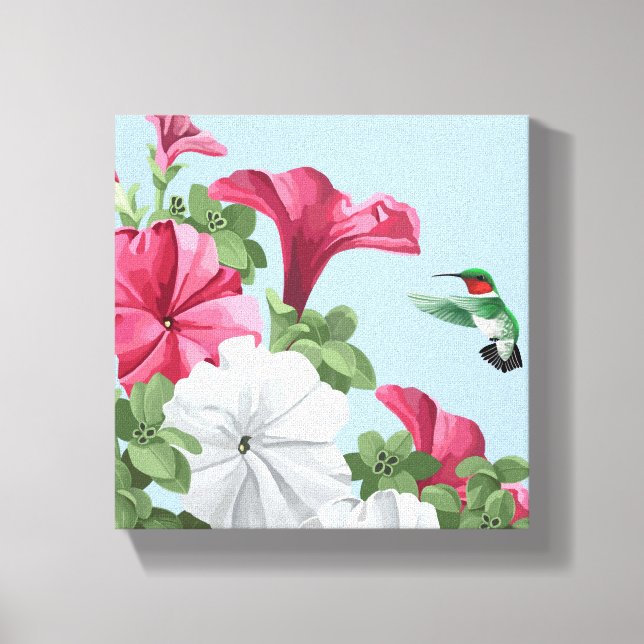 Hummingbird och Petunia Flowers Canvastryck (Framsida)