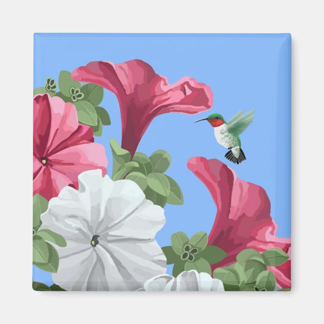 Hummingbird och Petunia Flowers Magnet (Framsidan)