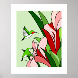 Hummingbird och Rosa Flowers Stylized Art Poster