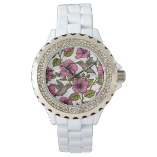 Hummingbird och rosa hibiscus-blommor armbandsur