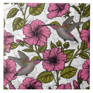 Hummingbird och rosa hibiscus-blommor kakelplatta