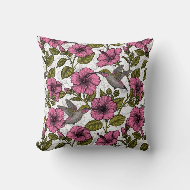 Hummingbird och rosa hibiscus-blommor kudde (Framsida)