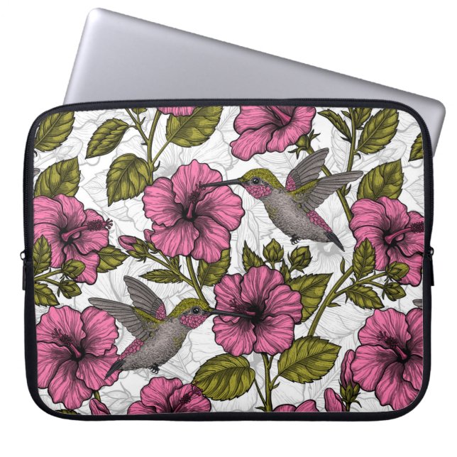 Hummingbird och rosa hibiscus-blommor laptop fodral (Framsidan)