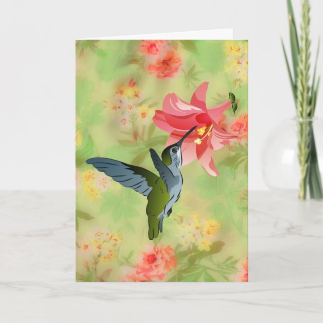 Hummingbird och Rosa Lily på Blommönstret Kort (Framsida)