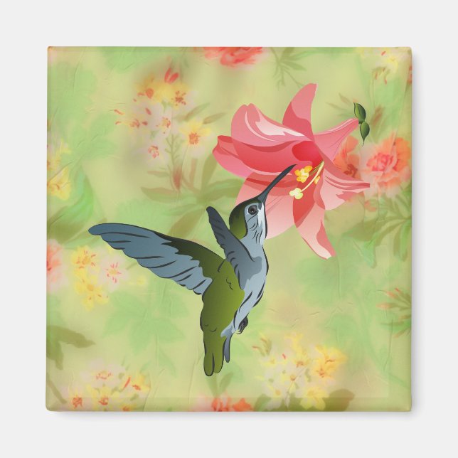 Hummingbird och Rosa Lily på Blommönstret Magnet (Framsidan)