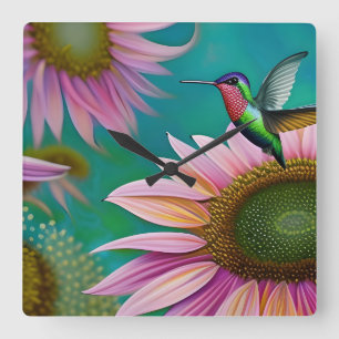 Hummingbird och Rosa Solros Fyrkantig Klocka