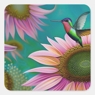 Hummingbird och Rosa Solros Fyrkantigt Klistermärke