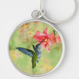 Hummingbird och rosalilja på blommönster rund silverfärgad nyckelring