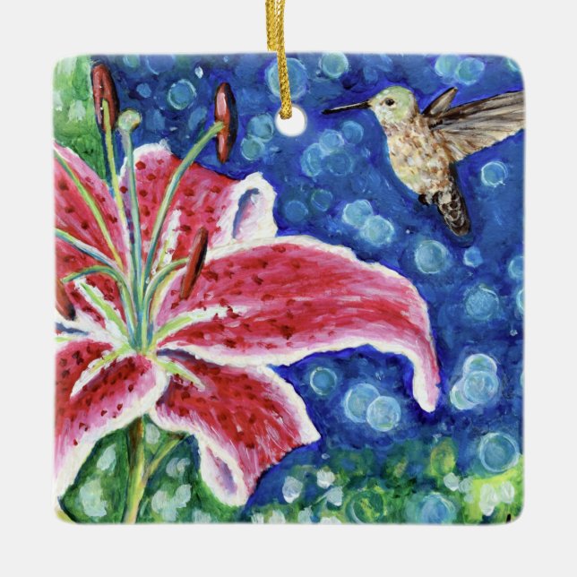 Hummingbird och Stargazer Lily Painting Julgransprydnad Keramik (Framsida)