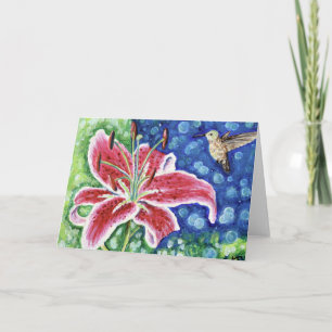 Hummingbird och Stargazer Lily Painting Kort