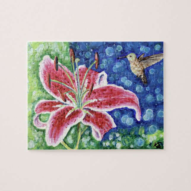 Hummingbird och Stargazer Lily Painting Pussel (Horisontell)