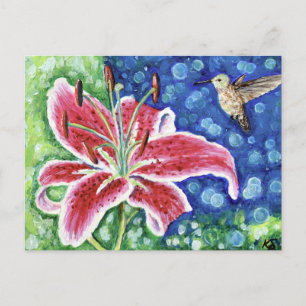 Hummingbird och Stargazer Lily Painting Vykort