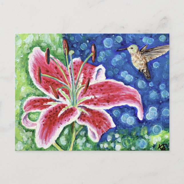 Hummingbird och Stargazer Lily Painting Vykort (Framsida)
