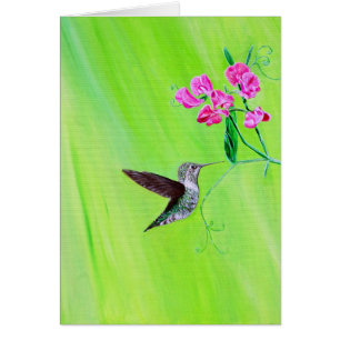 Hummingbird och Sweet Peas Målning Välkomstkort Hälsningskort