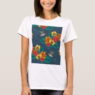 Hummingbird och tropiska bouquet på grönt T-Shirt