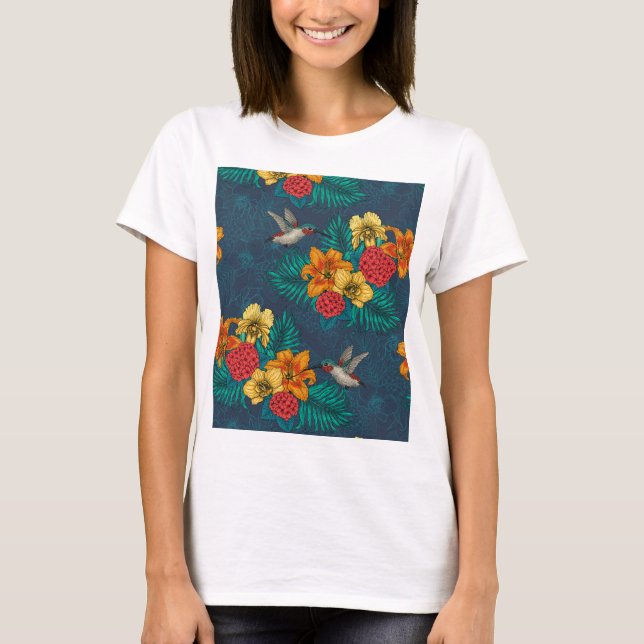 Hummingbird och tropiska bouquet på grönt T-Shirt (Framsida)