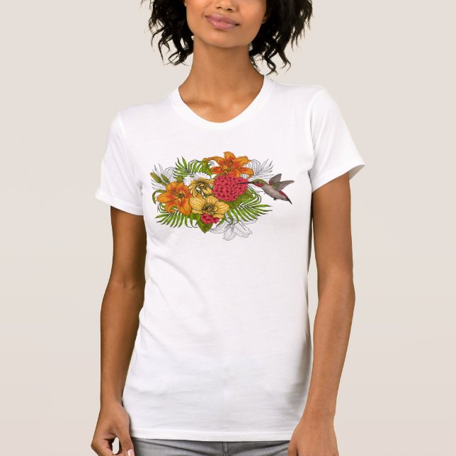 Hummingbird och tropiska bouquet t shirt (Framsida)