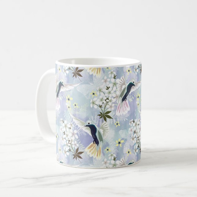 Hummingbird och vita blommor kaffemugg (Framsida vänster)