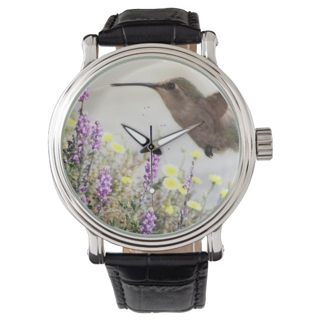 Hummingbird och Wildblommor Digital Art Armbandsur (Framsida)