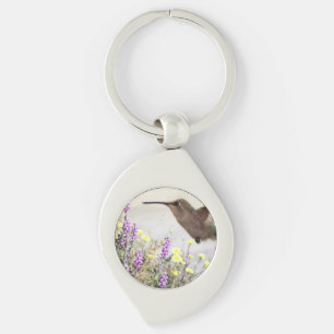 Hummingbird och Wildblommor Digital Art Keychain Swirl Silverfärgad Nyckelring
