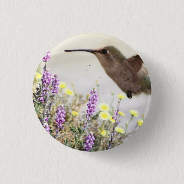 Hummingbird och Wildblommor Digital Art Knapp (Framsida)