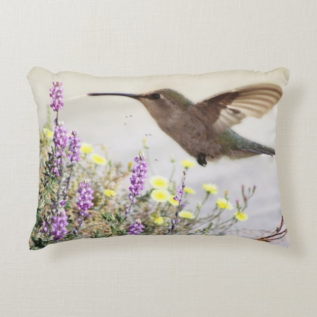 Hummingbird och Wildblommor Digital Art Prydnadskudde (Framsidan)