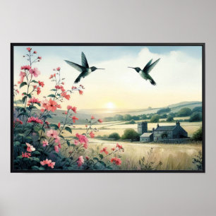 Hummingbird och Wildblommor med valfri Ram Poster