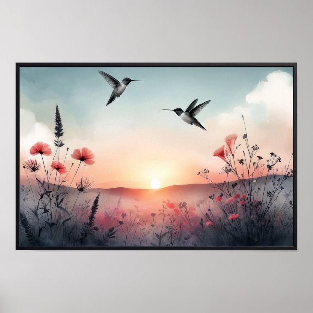 Hummingbird och Wildblommor med valfri Ram Poster (Framsidan)