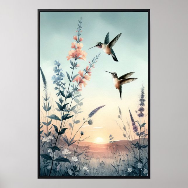 Hummingbird och Wildblommor med valfri Ram Poster (Framsidan)