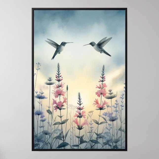 Hummingbird och Wildblommor med valfri Ram Poster (Framsidan)
