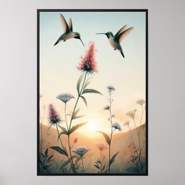 Hummingbird och Wildblommor med valfri Ram Poster (Framsidan)