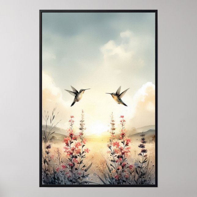 Hummingbird och Wildblommor med valfri Ram Poster (Framsidan)