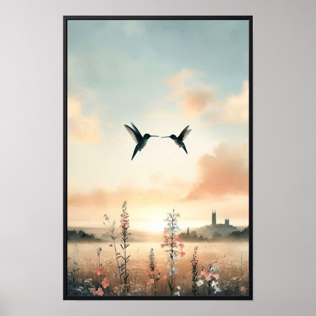 Hummingbird och Wildblommor med valfri Ram Poster (Framsidan)