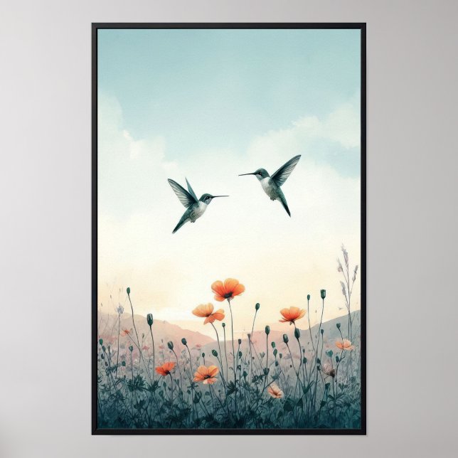 Hummingbird och Wildblommor med valfri Ram Poster (Framsidan)