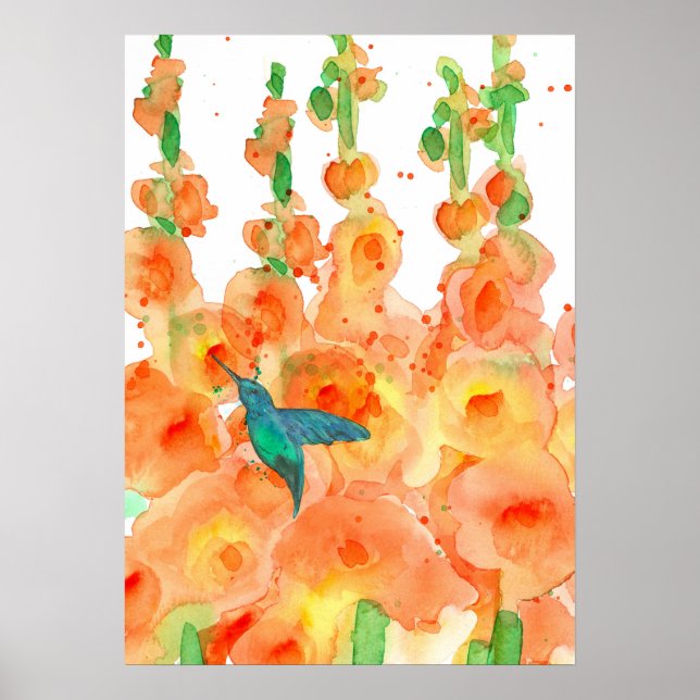 Hummingbird Orange Hollyhocks Flowers Poster (Framsidan)