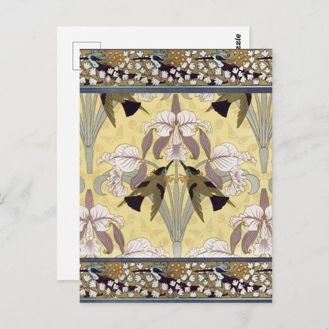 Hummingbird,Orchids,Maidenhair Ferns Art nouveau Vykort (Fram/baksida)