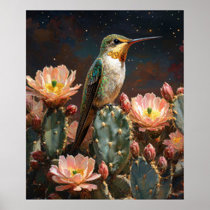 Hummingbird på en blodkaktus poster