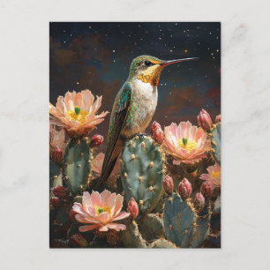 Hummingbird på en blodkaktus vykort