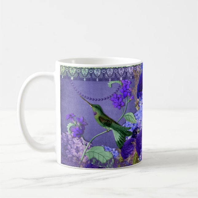 Hummingbird på lila kristaller och snöre med kaffemugg (Vänster)