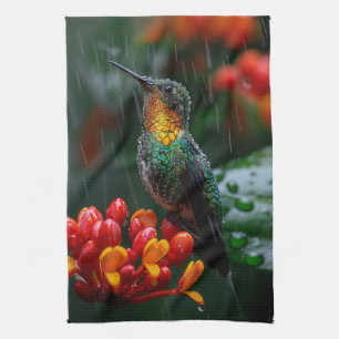 Hummingbird på ljusblomma kökshandduk