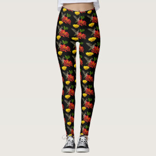 Hummingbird på röd gula blommordamasker leggings