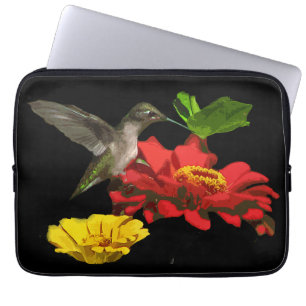 Hummingbird på röda och gula Zinnias Laptop Fodral