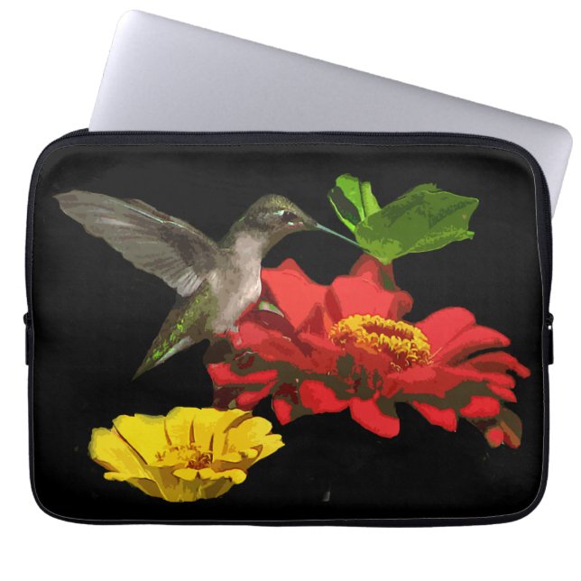 Hummingbird på röda och gula Zinnias Laptop Fodral (Framsidan)