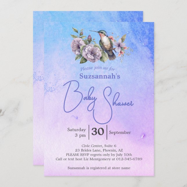 Hummingbird Pastel Watercolor Baby Shower  Inbjudningar (Fram/baksida)