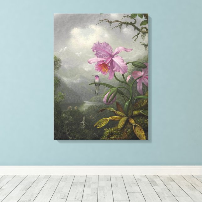 Hummingbird Perched on an Orchid Plant by MJ Heade Canvastryck (Insitu (trägolv))