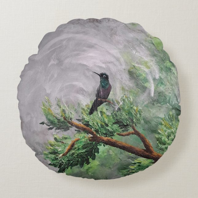 Hummingbird peruerad på Leafy Gren Rund Kudde (Framsidan)