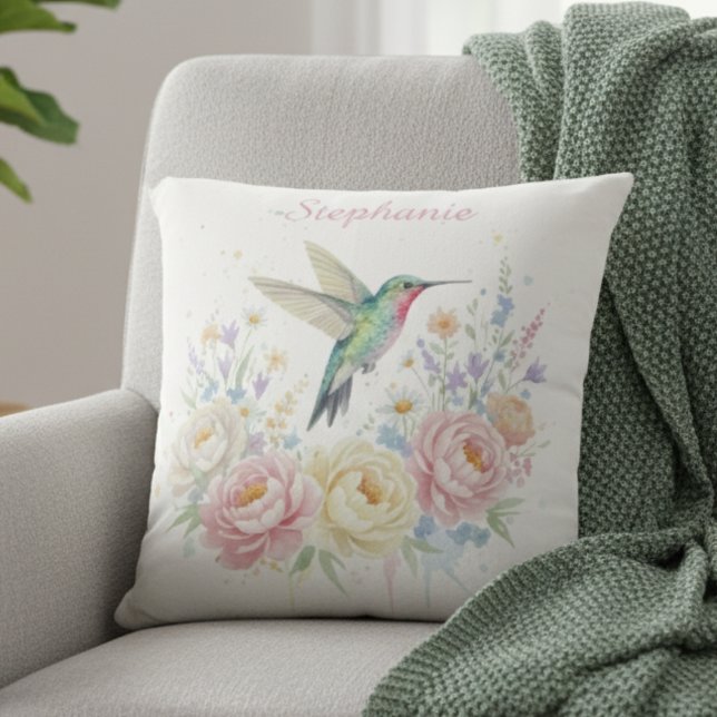 Hummingbird Pillow – Pastel Floral Watercolor Gift Kudde (Watercolor floral hummingbird decorative pillow)