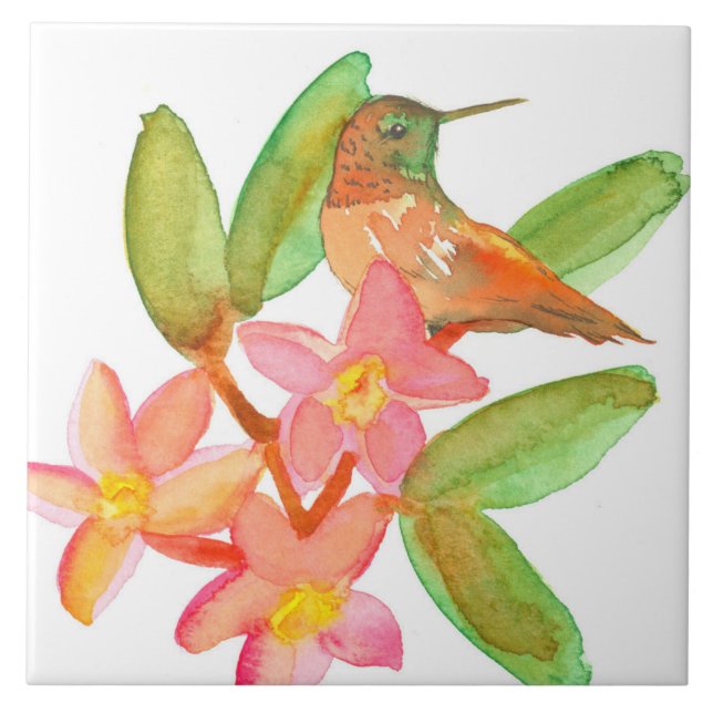 Hummingbird Plumeria Watercolor Flowers Kakelplatta (Framsidan)