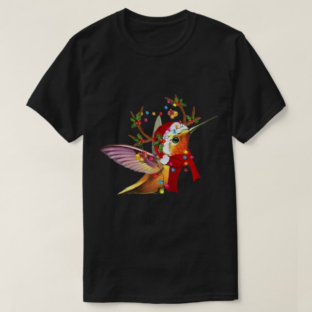 Hummingbird Reindeer Hat Santa Ljus Xm T Shirt (Design framsida)